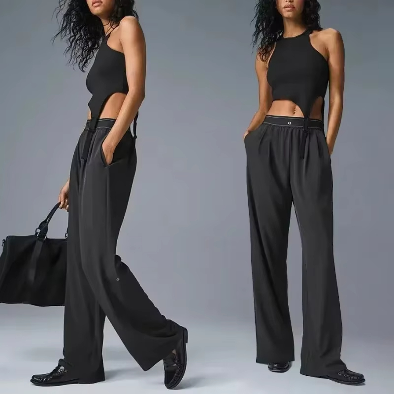 Women's Pants Wide Leg Yoga Front Fold Loose Elastic Waist Sports Straight Pocket Soft Black Casual Trousers Women Summer