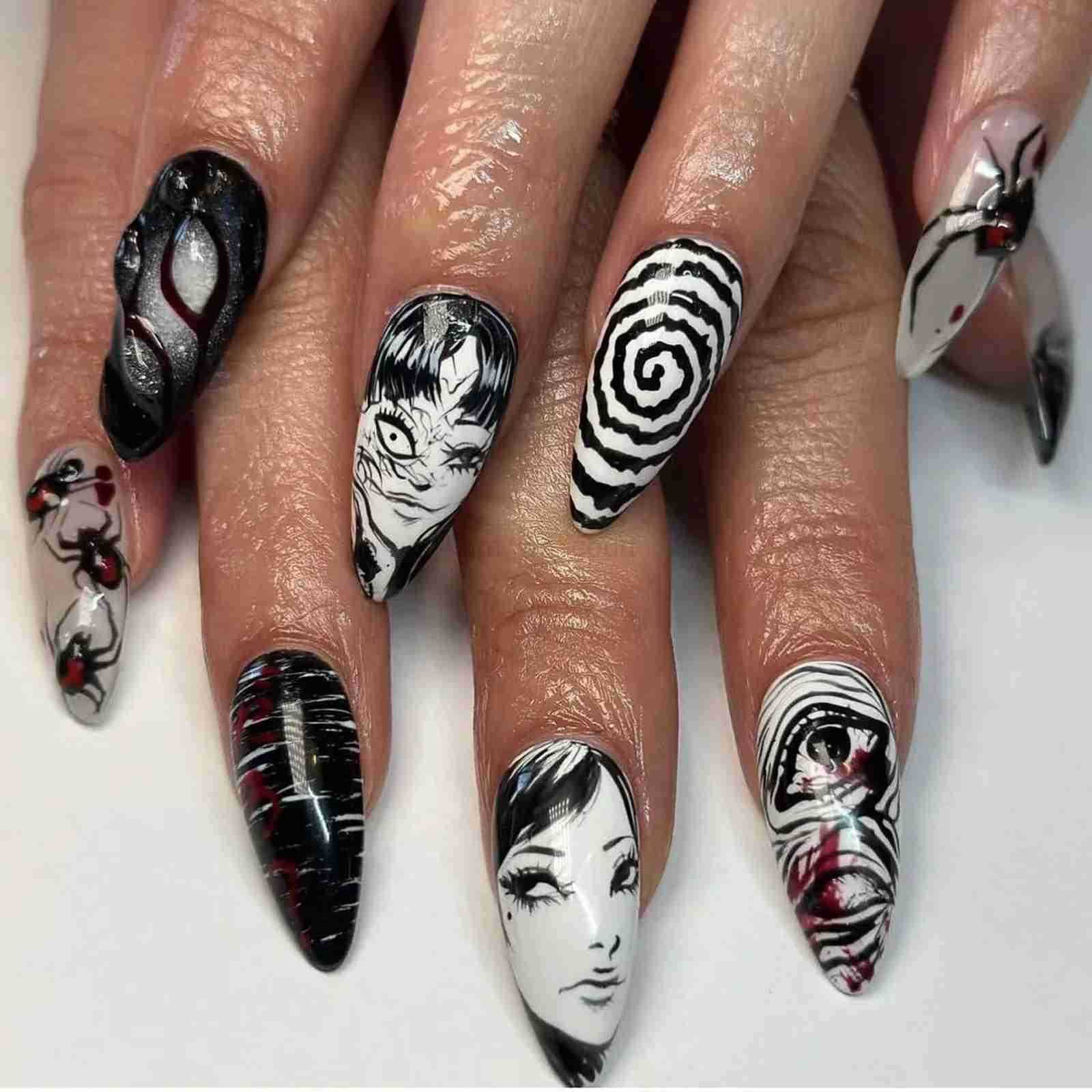 24PCS Dark Black Bat Medium Almond Stick on False Nails with Ghost Patterns 3D Relief French Fake Nails Halloween Wearable Nails M250807