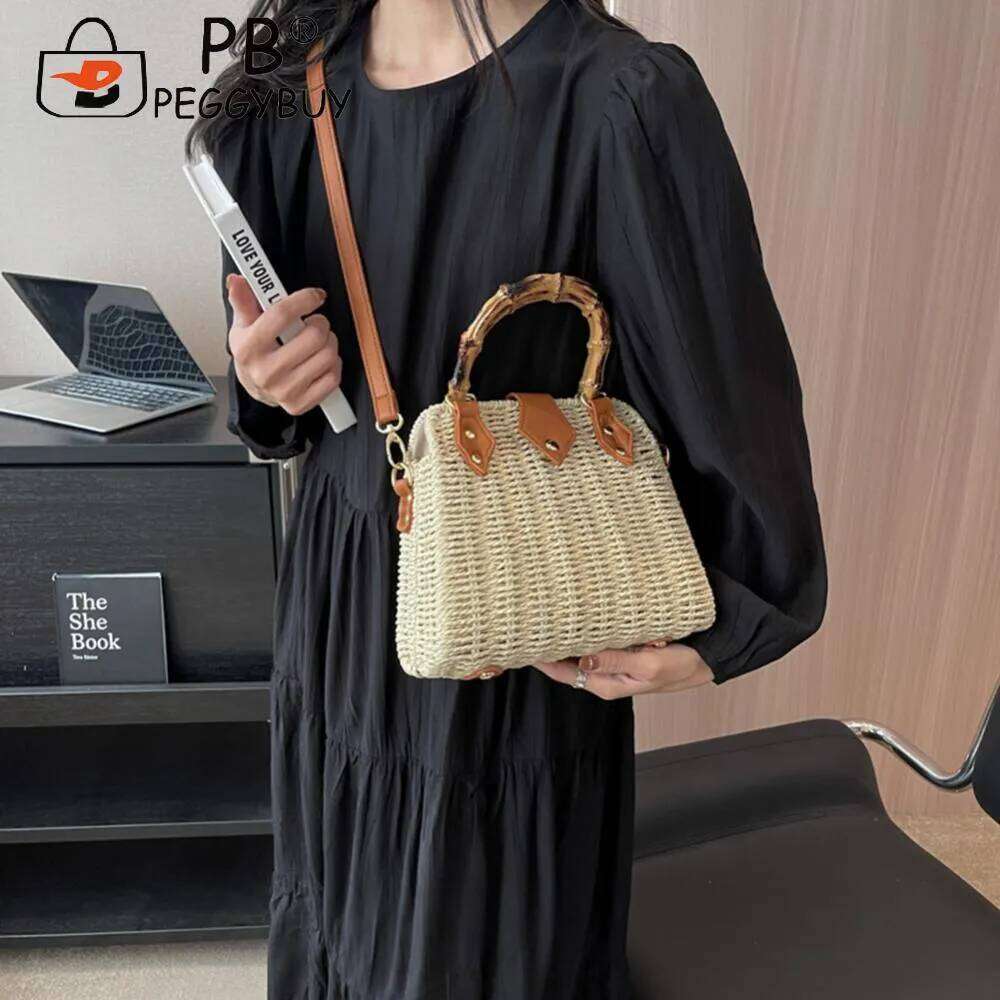 Summer Hand-Woven Handbags Bamboo Handle Beach Vacation Bags Casual Fashion Simple Portable Adjustable Strap For Seaside