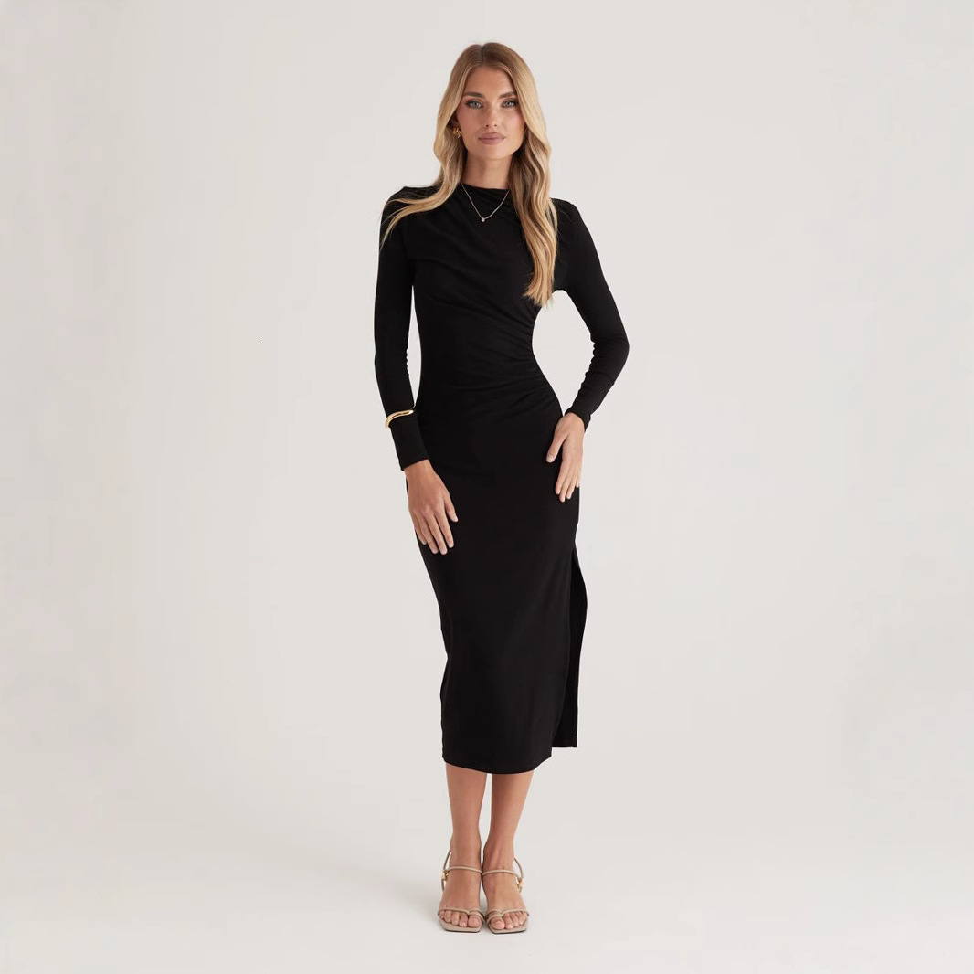2025 Autumn Winter High-End Ruched Off-Shoulder Sleeve Waist-Cinching Bodycon Elegant Pure Desire Style Long Dress for Women
