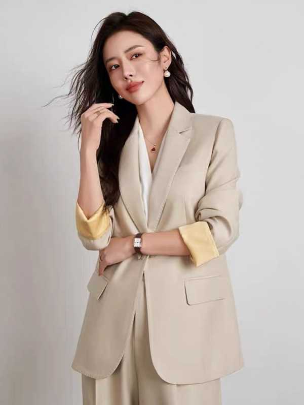 Fashion Women Suits 2 Piece Blazer Pants Loose Peak Lapel Long Sleeves One Button Business Office Women Customized