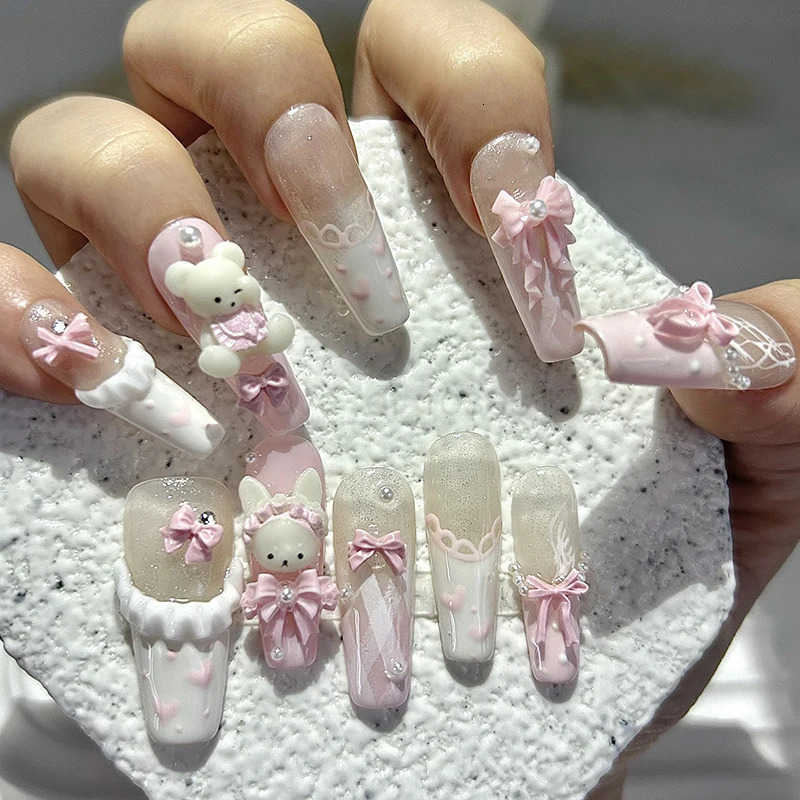 10PCS Cute 3D Bow Teddy Bear Pink French Handmade Press On Nails Kawaii Bunny Long Fake Nails Pearls Heart Glitter Nail Art Z250807