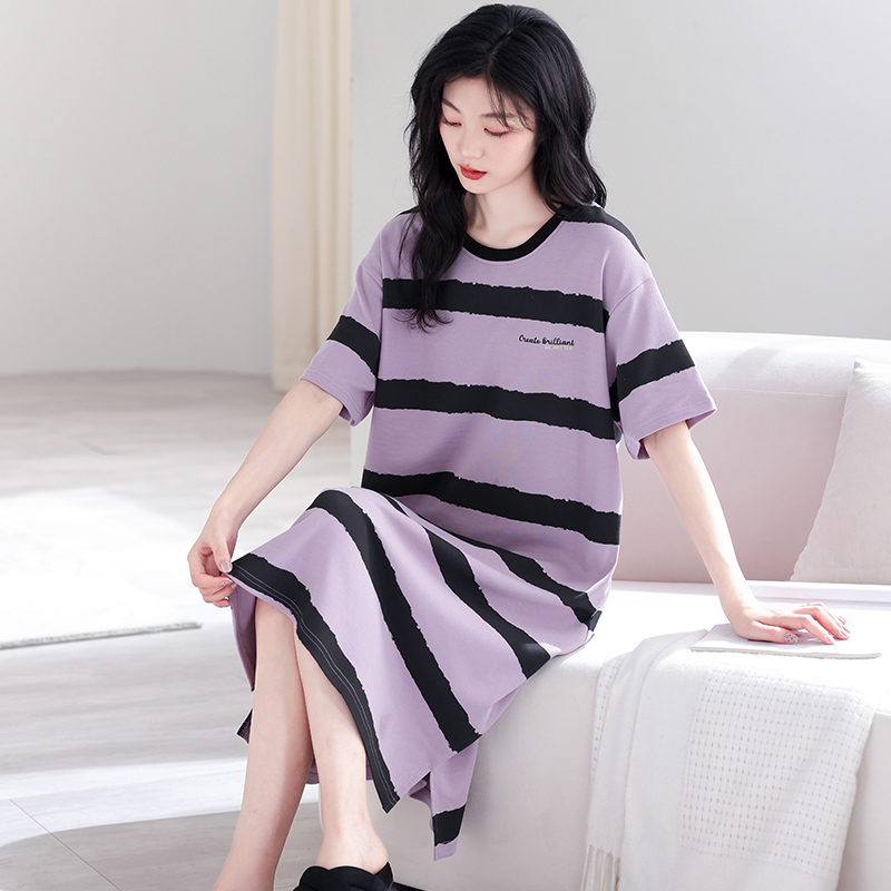 B1010-Woven nightdress women's summer cotton short-sleeved mid-length dress casual cartoon pajamas home clothes 2025 style
