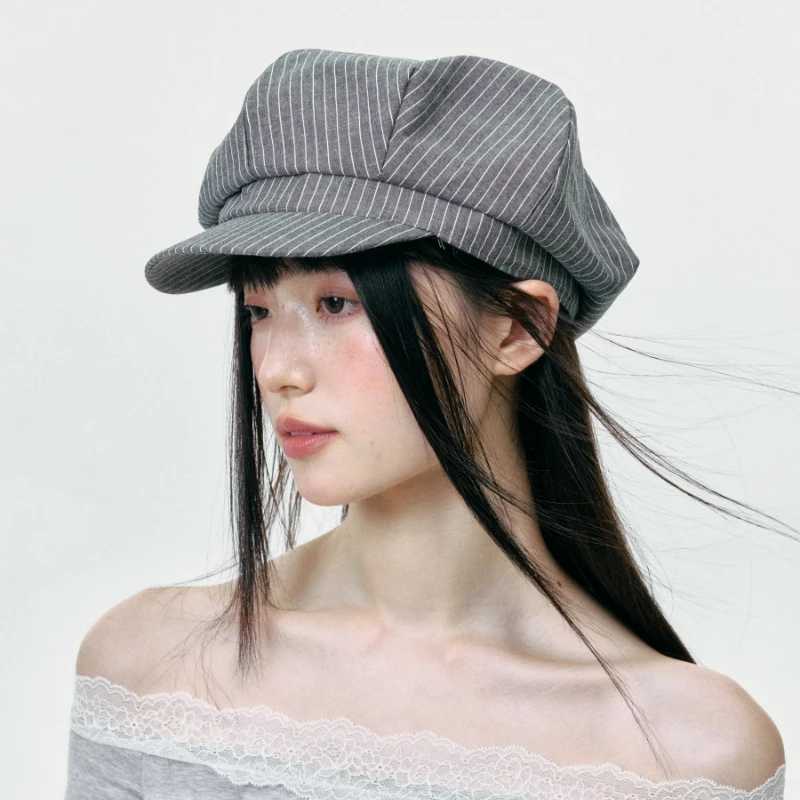 Korean Retro Simple Striped Octagonal Newsboy Hats for Women and Men Spring Summer Thin Casual Versatile Sunscreen Berets XJ250807