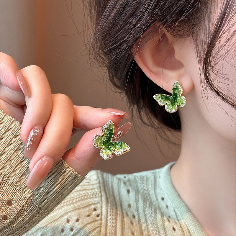 Free Shipping Designer Luxury Jewelry Green Crystal Butterfly Unique Women's Earrings Niche Temperament Studs High-end Fashion Accessories