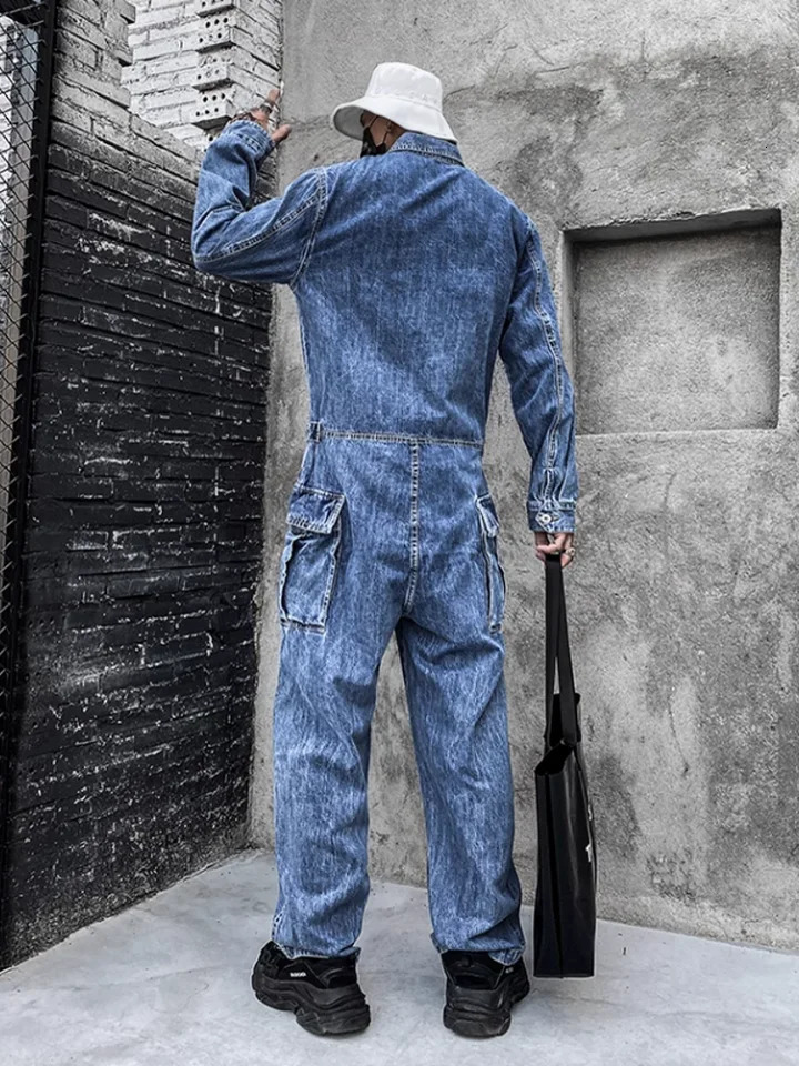 Fashion Mens Jumpsuit Long Sleeve Multi Pockets Cargo Pants Hip Hop Men Spring Autumn Overalls Vintage Denim 250804