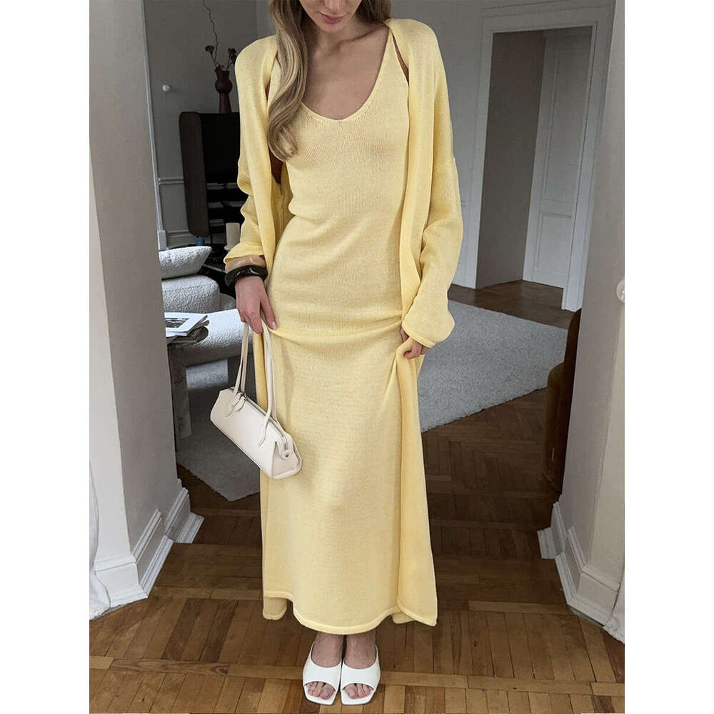 Hollow Out Vest Dress + Long Sleeve Cardigan Set For Women Soft Knitted Cover-Up B5 h7