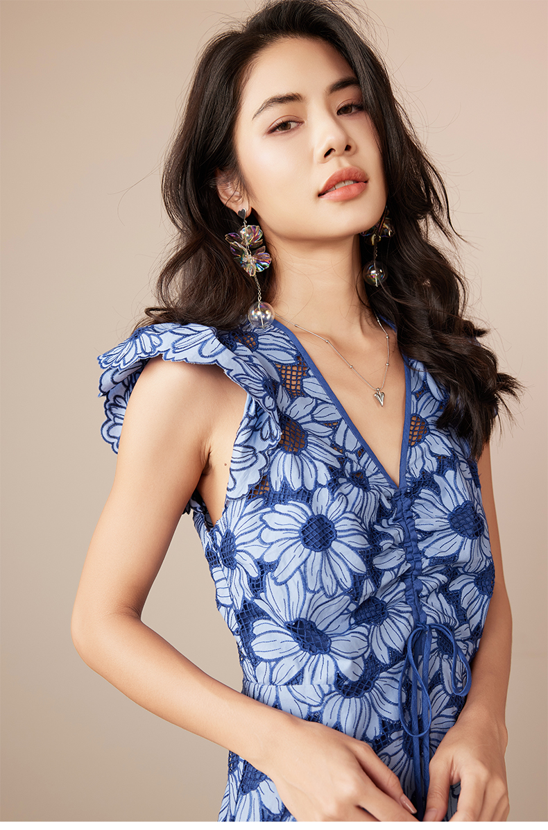 2025 Womens Summer Blue Sunflower Beach V Neck Lace Dresses Flare Short Sleeve Ruffles Mini Short Dresses 6116020