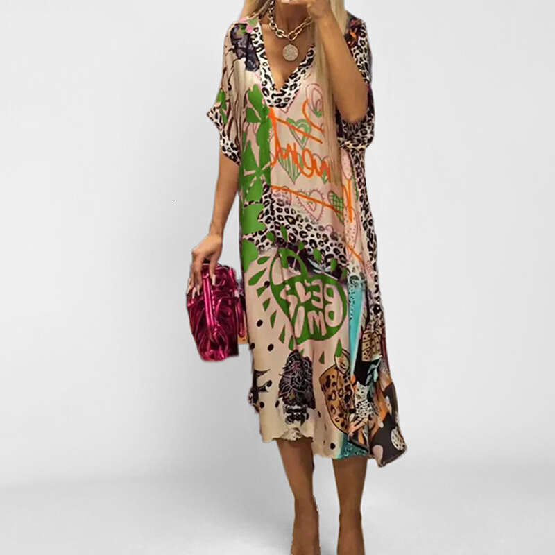 Women's Fashion Casual Leopard Print Colorful Floral Deep V-Neck Five-Sleeve Dress B5 h7