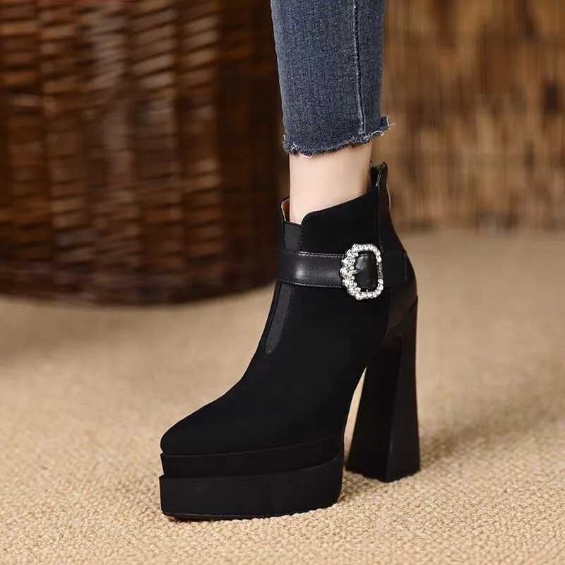2025 Trend Luxury Brand Chunky Chelsea Snow Boots with Crystal Platform Pointed Toe Women Ankle Boots Super High Heels Pumps XJ250807