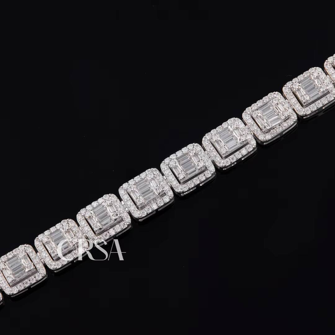 Export Quality Luxury VVS Moissanite Baguette Diamond Link Tennis Bracelet Hip Hop Style 925 Silver Chain Bracelet for Men Women