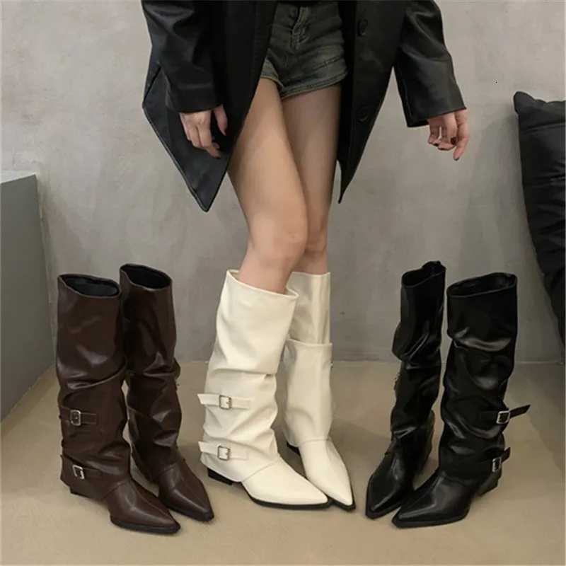 2025 Spring Autumn Pointed Toe Low Heel Punk Womens Knee-high Square Heel Lg Boots Winter Slip- Ladies Shoes Sale XJ250807