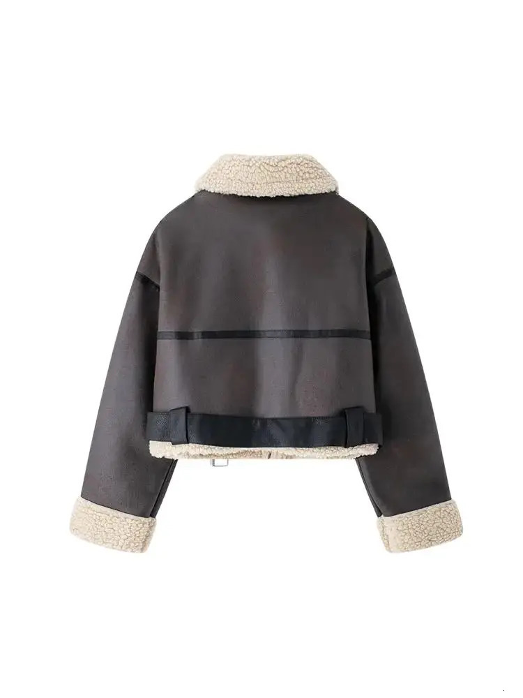 TRZA Winter Women Fashion With Belt Suede Lamb Leather Jacket Coats Faux Shearling Sheepskin Leather Outerwear Chic Tops 250804