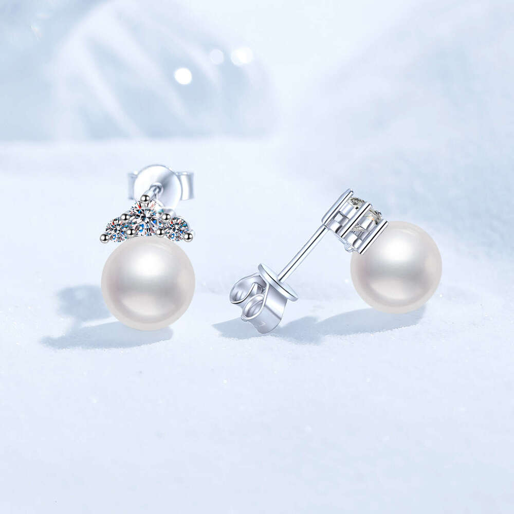 S Sterling Sier Princess Style Near Perfect Round Freshwater Pearl Moissanite Earrings Women