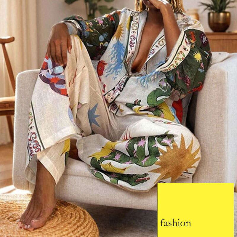 Printed Long Sleeve Shirt Loose Casual Women's Fashion Two-Piece Set B5 h7