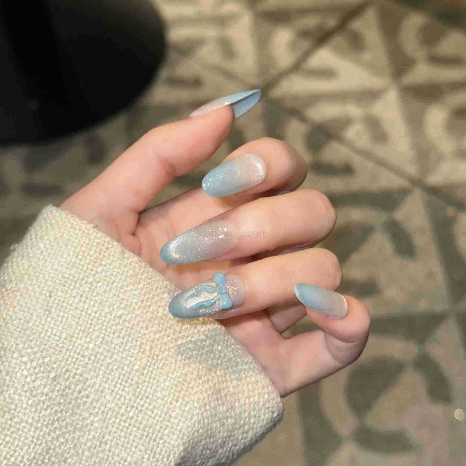 10Pcs Ballet Sweetheart False Nails Bowknot Pearl French Press on Nails Pink Almond Artificial Nail Art Handmade Lace Fake Nails M250807