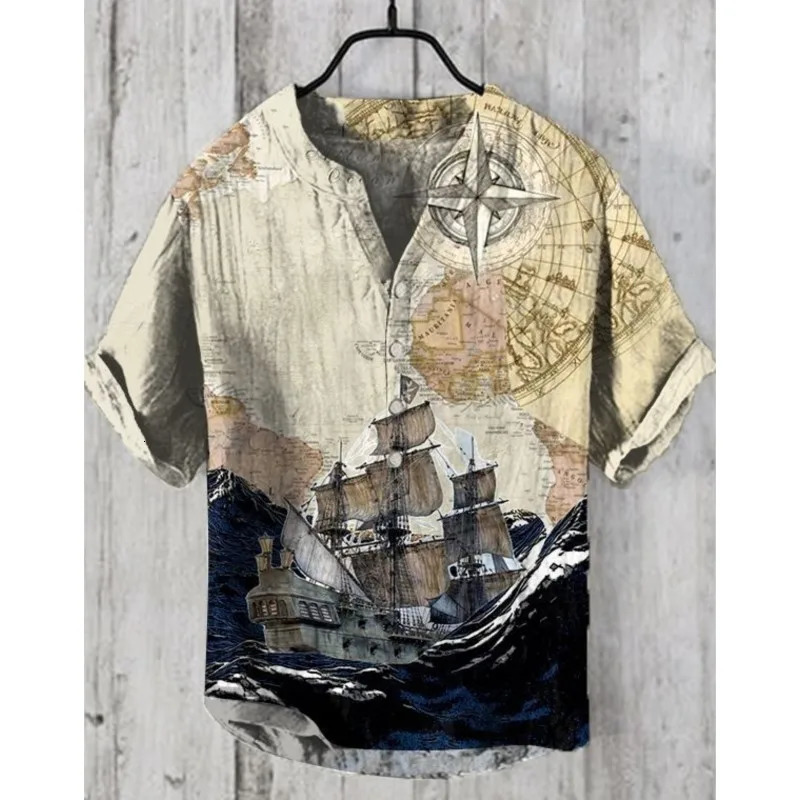 Hawaii Retro Art Pattern Printed mens 2025 Short Sleeved Linen Button Up Shirt European And American Top 250807