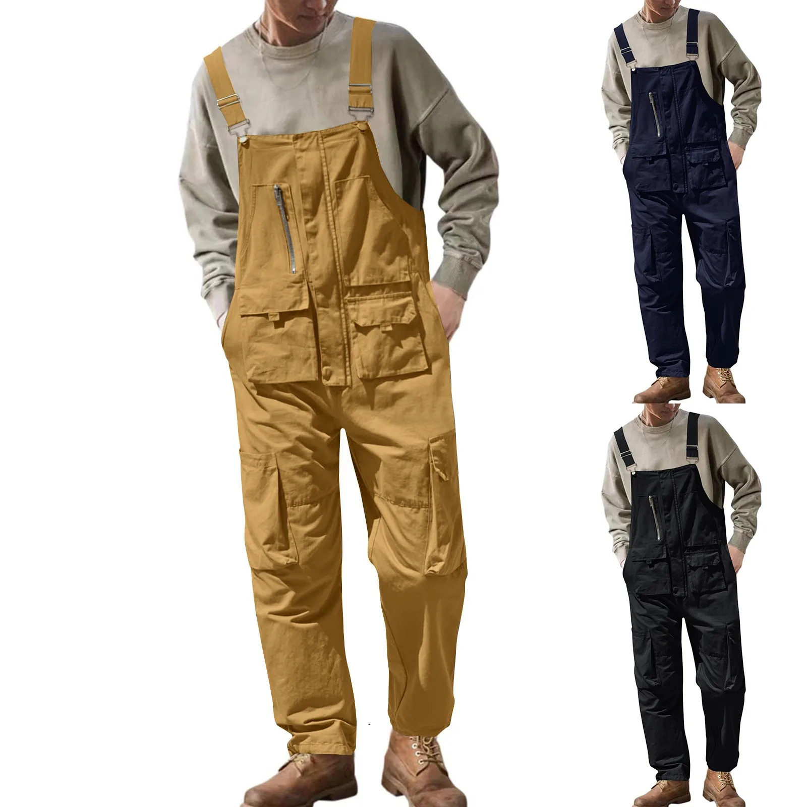 Bib Jumpsuit Trendy Wide Leg Men Overalls SkinFriendly Cargo OnePiece Adjustable Suspender Straps Work Wear 250804