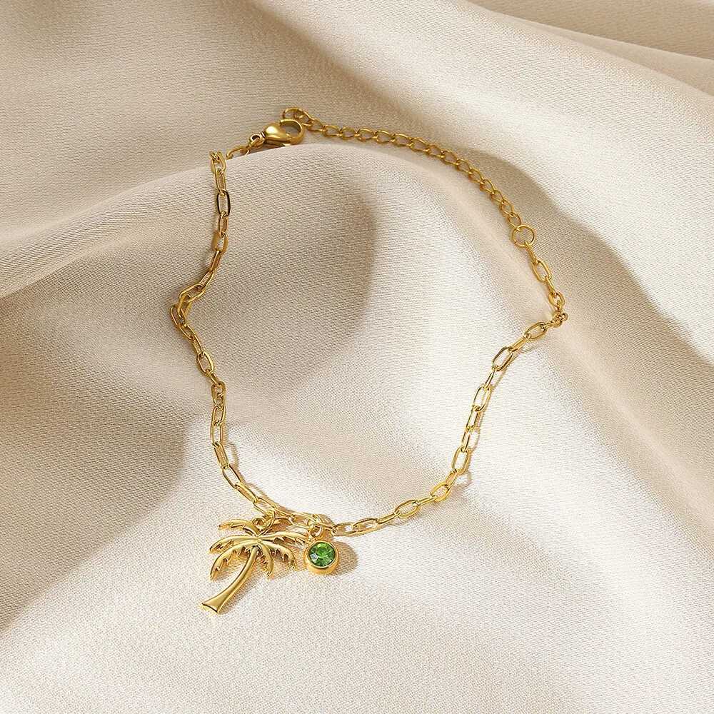 Coconut Palm Tree Birthstone Anklet Gold Plated Stainless Steel Chain Anklets For Women Girls Summer Jewelry Birthday Gift Y250805
