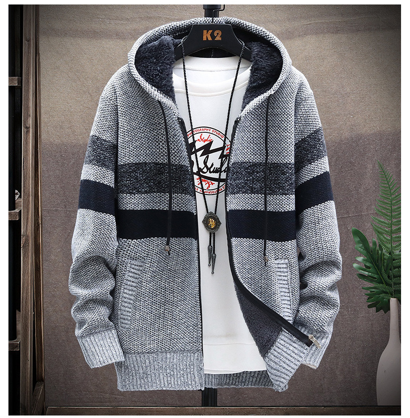 2025 men's jacket autumn and winter new products men's plus velvet thick color matching hooded sweater jacket jacket