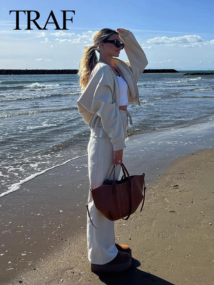 TRAFZA Autumn Womens Thick Hoodie Coat Drawstring High Waist Loose Casual Pants Set Lined Fleece Womans Clothing Street 250801