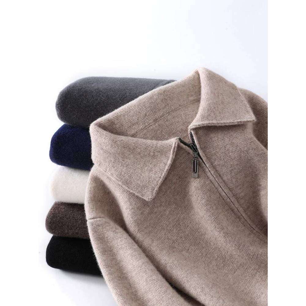 Men's 100%Merino Wool Cardigan Soft Warm Autumn Winter Turn-Down Collar Sweater Zipper Business Casual Man Clothes Solid Color