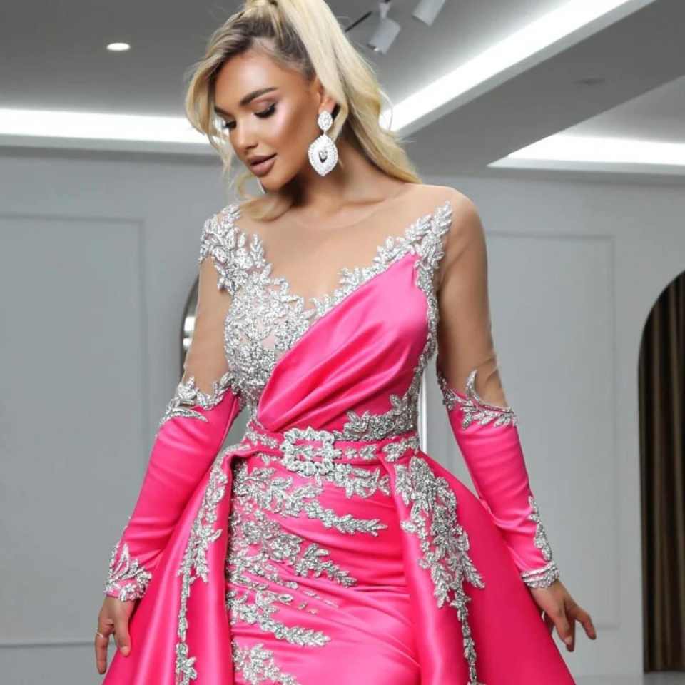 Hot Pink Mermaid Prom Dress For Women Black Girl Sparkly Crystal Beading Long Sleeve Evening Dress Sexy Slit vestidos de Robes Customized