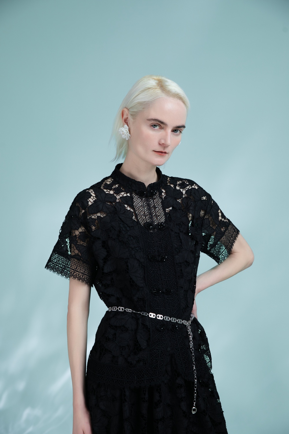 Women Short Sleeves Lace Blouse Mesh See Through Loose Shirts Stand Neck Summer Tops 6112534