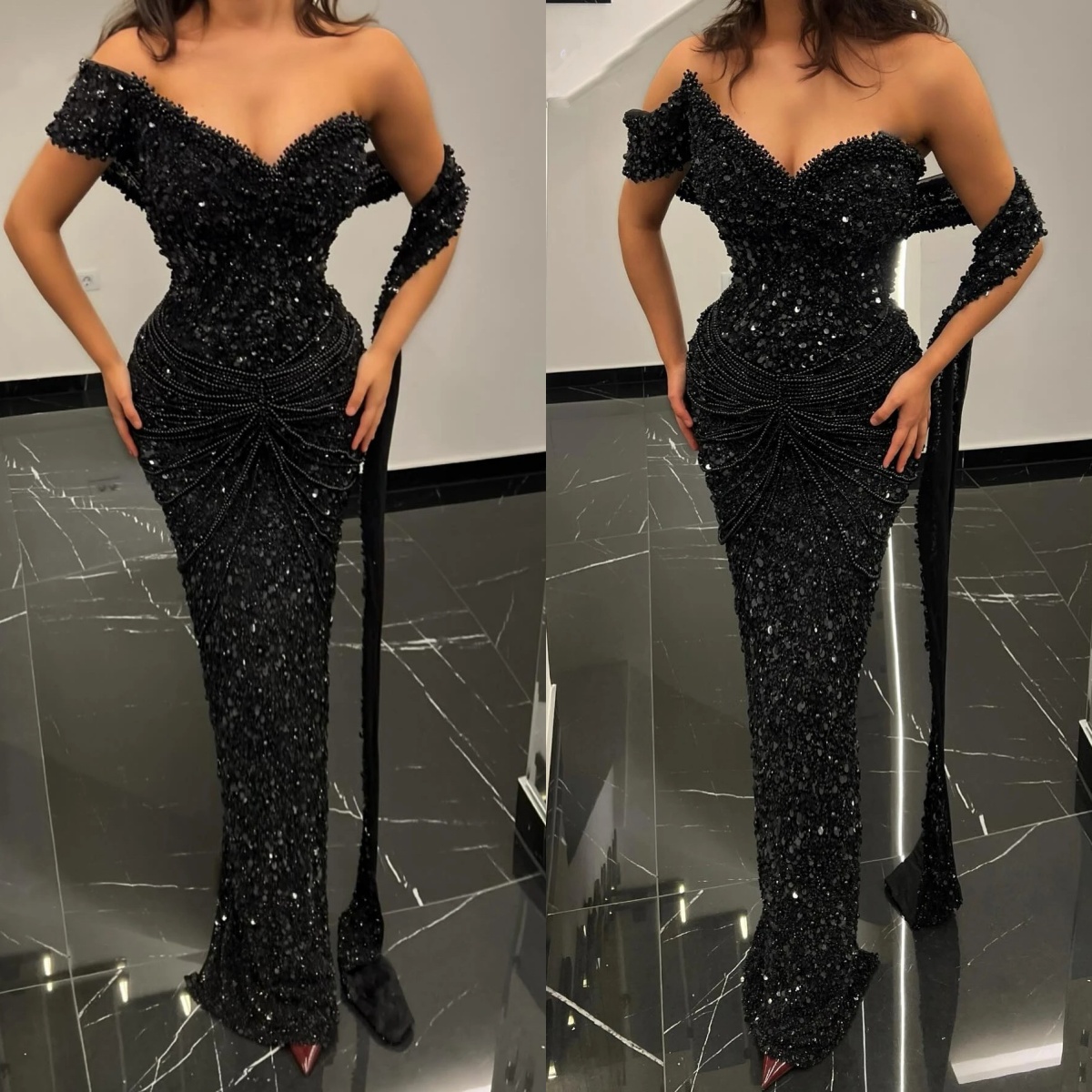 Sparkly Evening Dresses Sequins Pearls Prom Dress Beading One Shoulder Slim Floor Length Mermaid Party Gowns Vestidos De Noche Plus Size