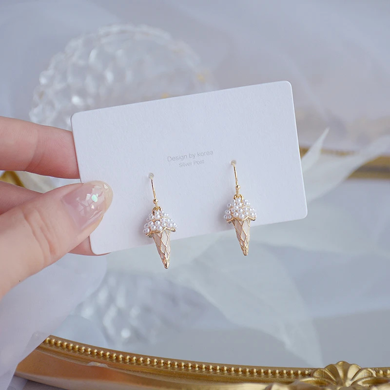 Korean Delicate Texture Full Pearl Ice Cream Earring Cute Creative 14K Platedl Gold Drop Earring Minimalist Tiny Brincos Jewelry 250805