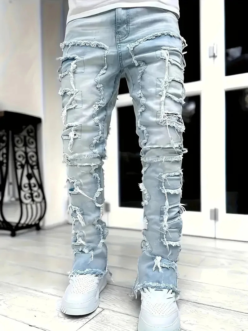 Y2k hiphop style fringed jeans mens casual street stretch 250807