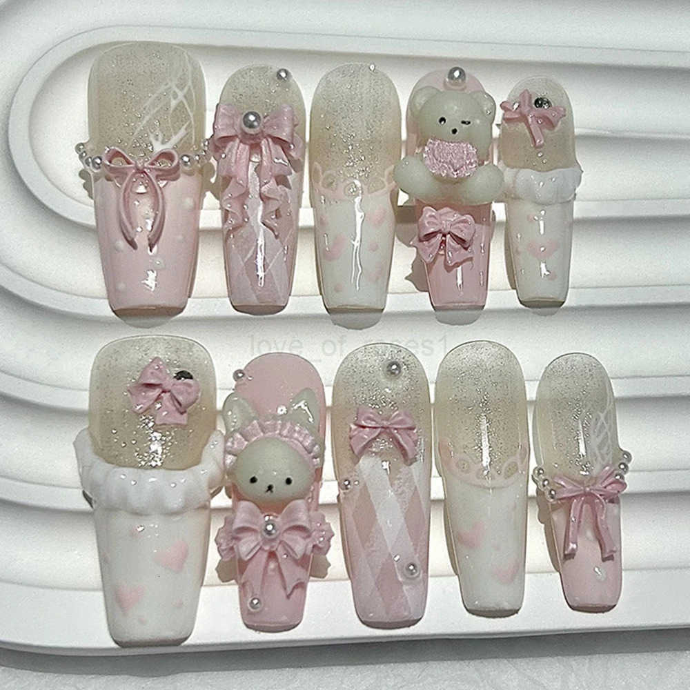 10PCS Cute 3D Bow Teddy Bear Pink French Handmade Press On Nails Kawaii Bunny Long Fake Nails Pearls Heart Glitter Nail Art Z250807