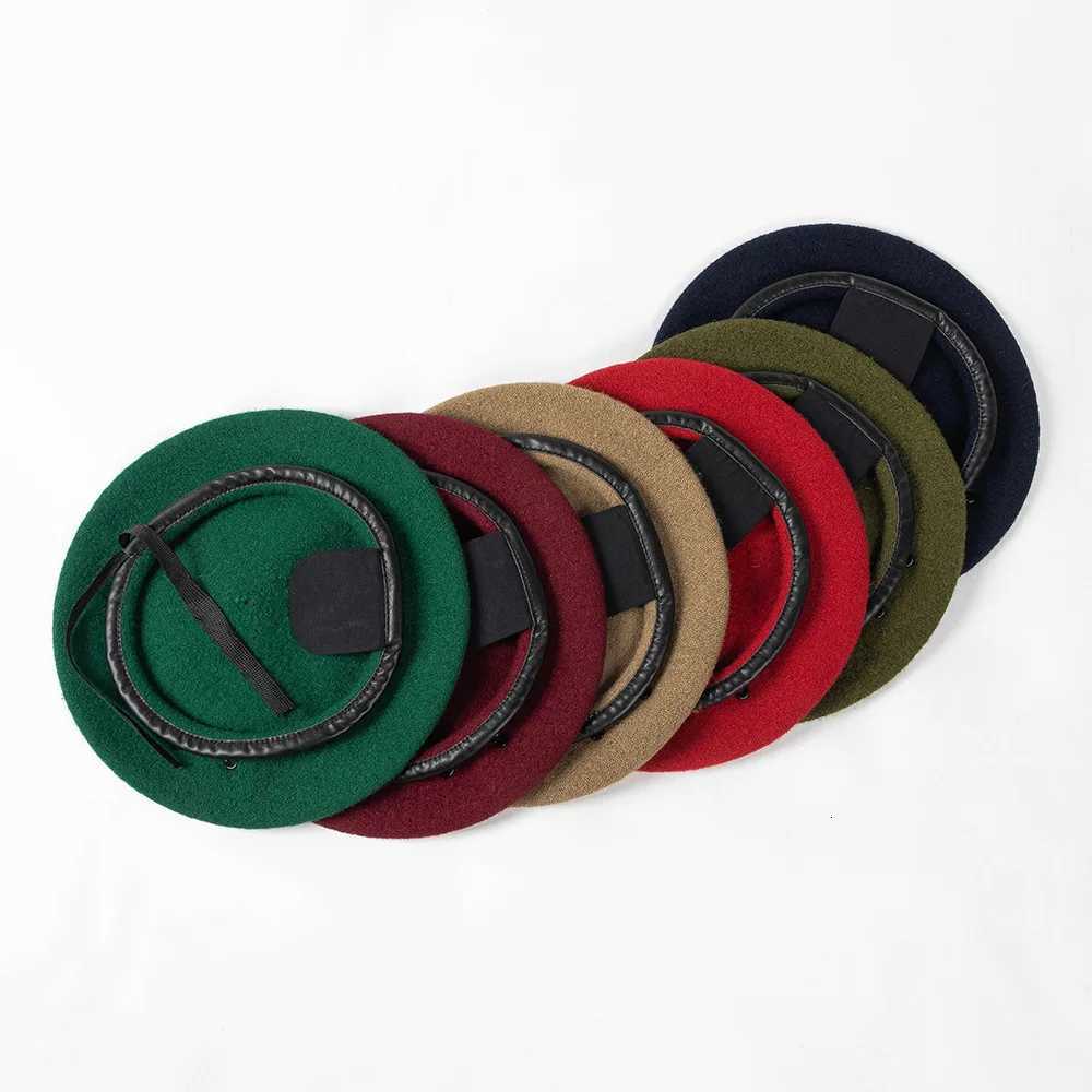 Autumn Winter Wool Beret Hat for Security Guard Military Training - Adjustable PU Trim Unisex Occupation C with Drawstring XJ250807