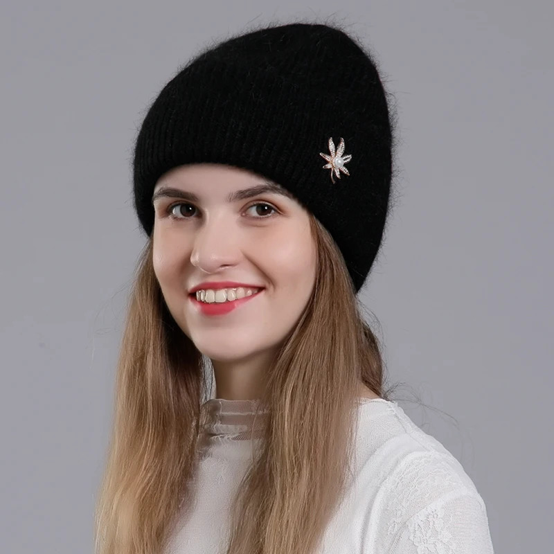 CNTANG Real Rabbit Fur Hat Winter Warm Beanies For Women Fashion Cute With Decorate Rhinestone Cap Female Casual Knitted Hats 250806