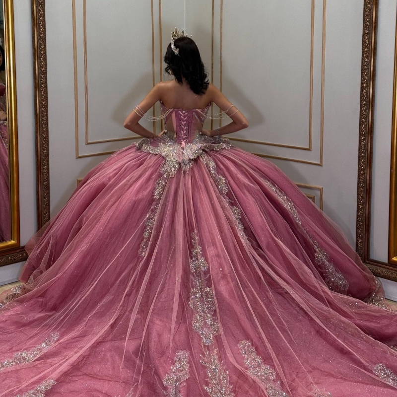 Rose Red Shiny Quinceanera Dresses Off The Shoulder Sequin Applique Lace Beads Tull Ball Gown Vestidos De 15 Anos Sweet 16 Dress