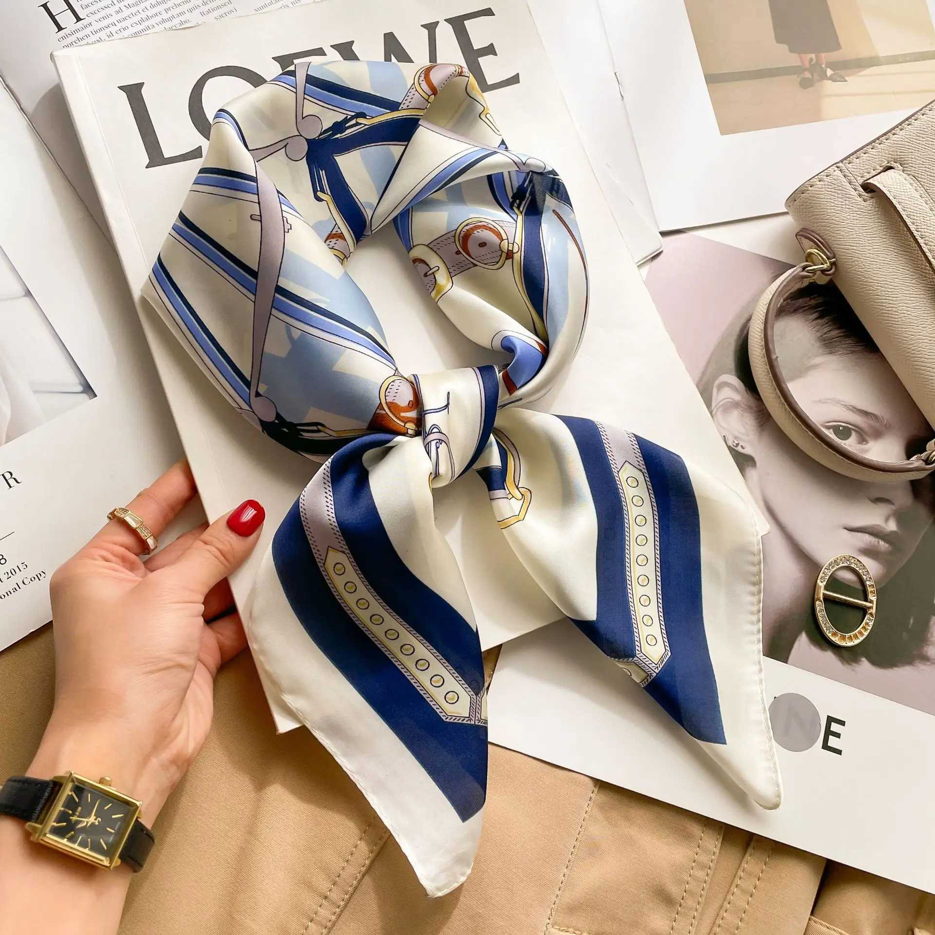 Luxury Design Satin Imitation Print Silk Scarf Square Women Neck Scarves Wrap Headkerchief Beh Hair Band Womens Bandana J250802FCUN