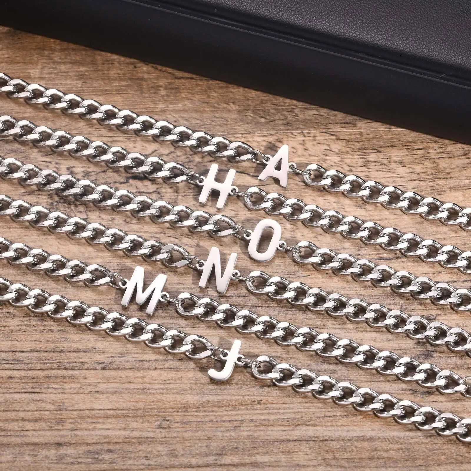 50pcs A-Z Initial Cuban Chain Bracelets for Men Women Silver Color Stainless Steel Curb Links Letters Name Charm Bracelet Gift W250807