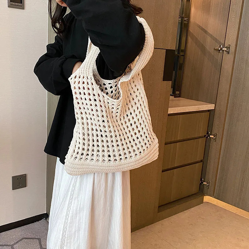 Vintage Hollow Woven Women Shoulder Bag Knitting Large Capacity Handbags Summer Travel Shopper Tote For Ladies Beach Bags 250804