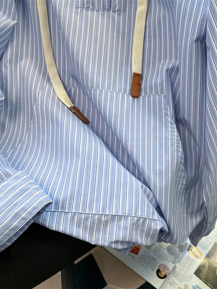 Japanese Style Blue Stripe Hooded Shirts Women Man Spring Autumn Long Sleeves Loose Casual Hoodies Vintage All-matched Coat Tops 250806