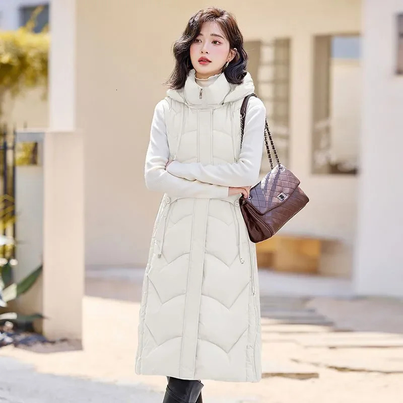 Autumn Winter Women Sleeveless Waistcoat Warm Puffer Jacket Ultra Light Mid Long Down Cotton Vest Female Outwear Casual Tops 250804