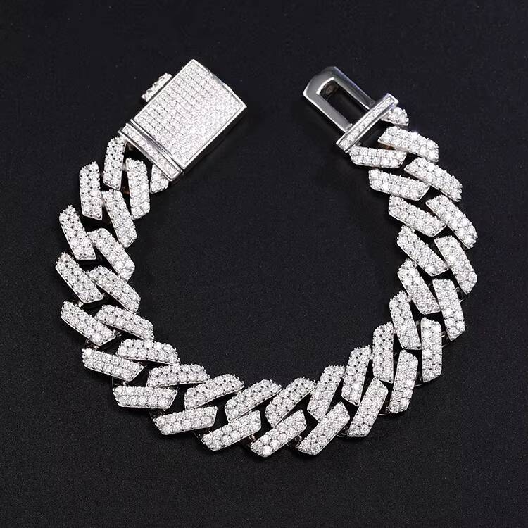 Moissanite Hip Hop Bracelet 10mm-15mm 2row Cuban Chain Sterling Silver 925 Jewelry Bangles for Daily Rapper Men