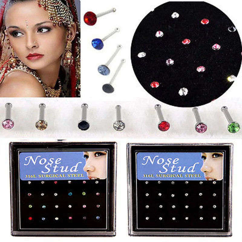 24pcs Crystal Nose Ring Studs Fashion Body Women Girl Jewelry Stainless Steel Nose Piercing Colorful Rhinestone 250805
