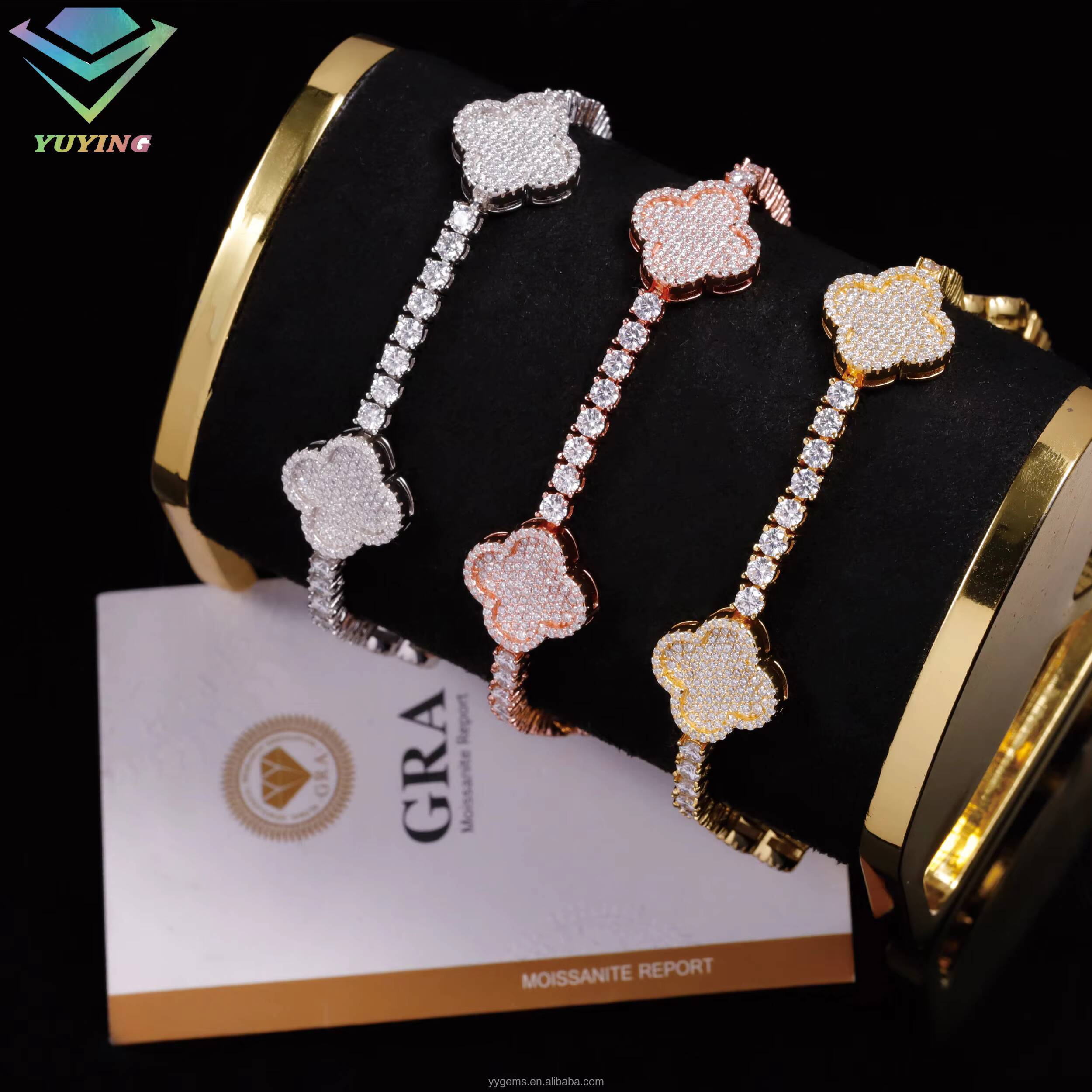Fashion Four Leaf Gold Plated S925 Silver Mossanite Tennis Link Bracelet Clover Charms Tennis Chain Jewelry Bracelet