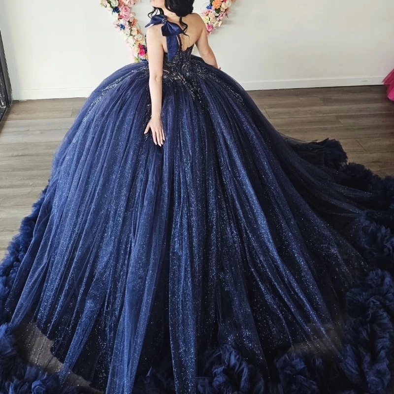 Navy Blue Shiny Quinceanera Dresses Ball Gown Off The Shoulder Applique Beads Tull Tiered Party Birthday Sweet 16 Dress Vestidos 15 Anos