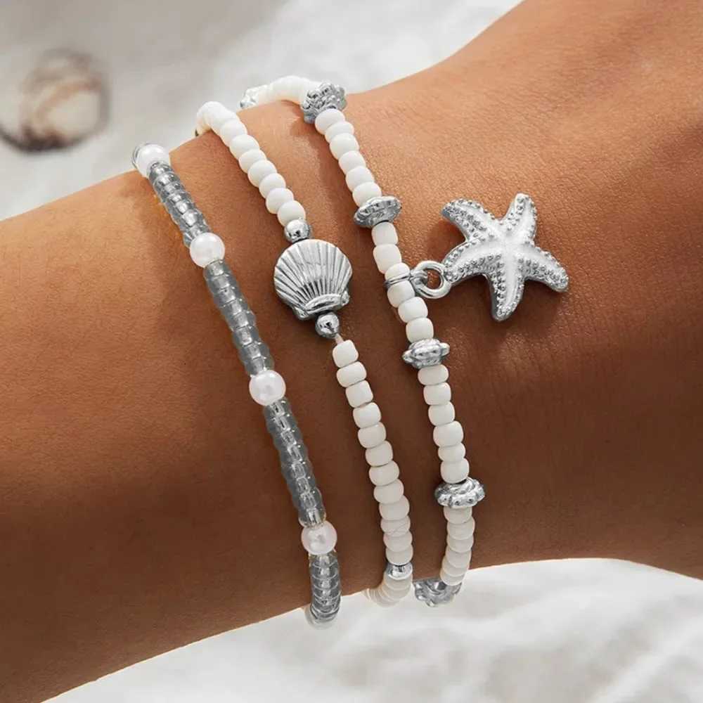 3PCS Bohemian Rice Beads Starfish Pendant Anklet Set Fashion Summer Beach Sea Shell Multilayer Ankle On Foot Jewelry Y250805