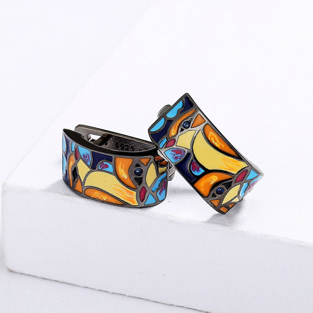 Black Tone Enamel Painted Stained Glass-Inspired Hoop Earrings With Colorful Pattern Artistic And Vintage Outfit Accessory Gift For Her Unique Eye-Cat