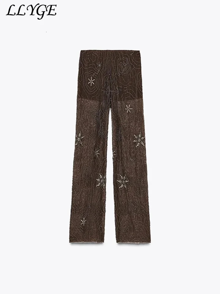 See Through Beaded Embroidery Pants Women Baggy Sexy Snowflake Sequined Wide Leg Trousers 2025 Spring Summer Lady Y2k Streetwear 250806