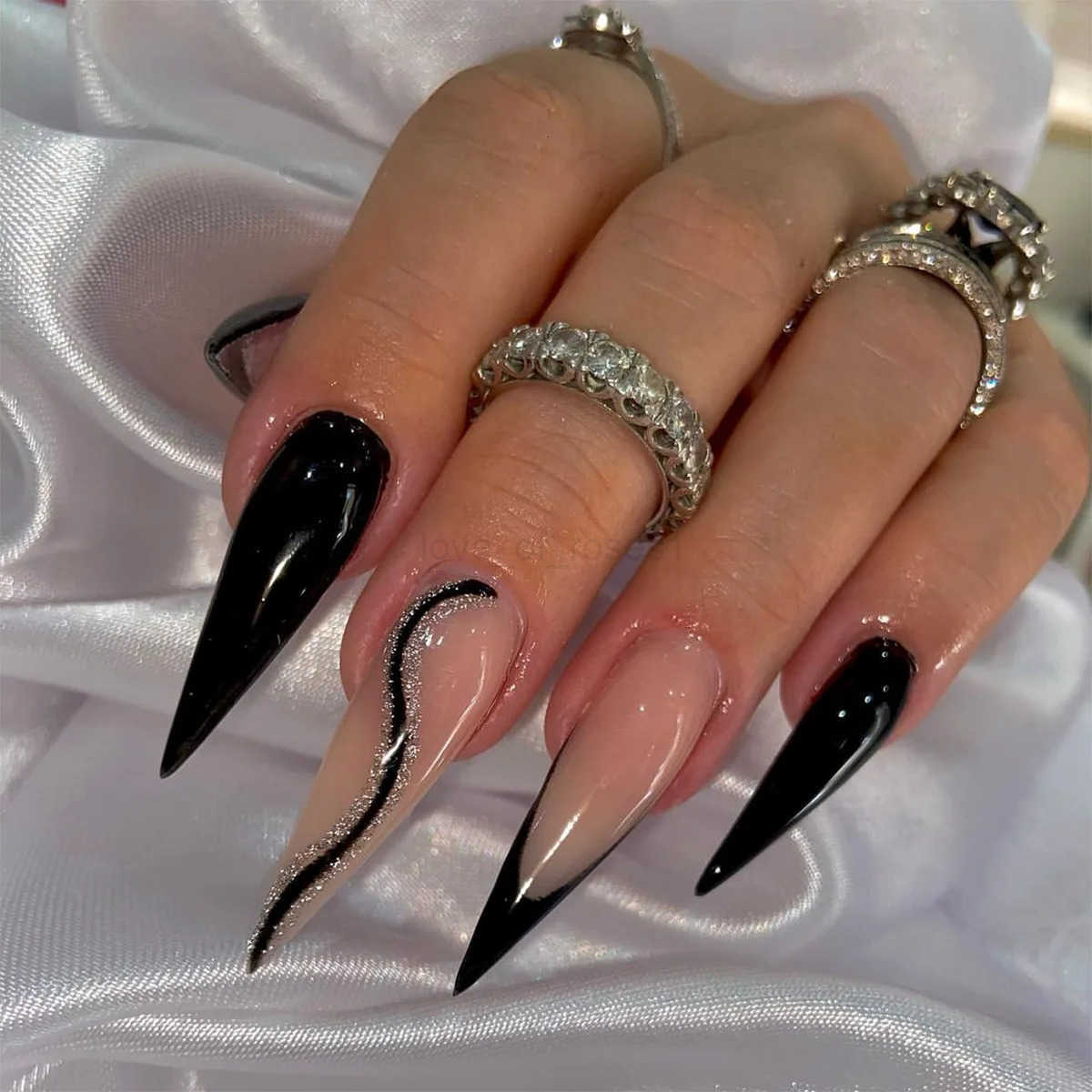 Black Halloween Nails Press On Stiletto Fake Nails Web Designs Long Coffin Ballerina Wearable False Nail For Women 24pcs Z250807