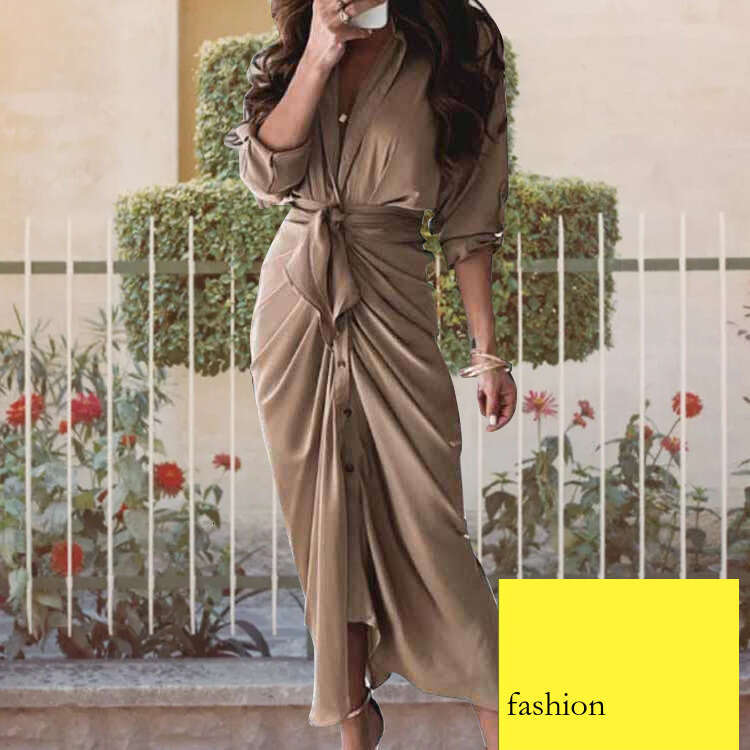 Women's Fashion New INS Style Three-Quarter Sleeve Sexy Printed Ruched V-Neck Tie Winter Dress B5 h7