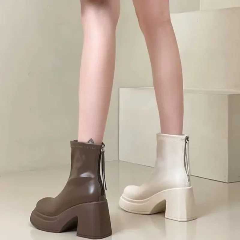 Booties Work Very High Heels Leather Female Short Shoes Combat Heeled Womens Ankle Boots Punk Style Boot Y2k Spring 2024 Autumn XJ250807